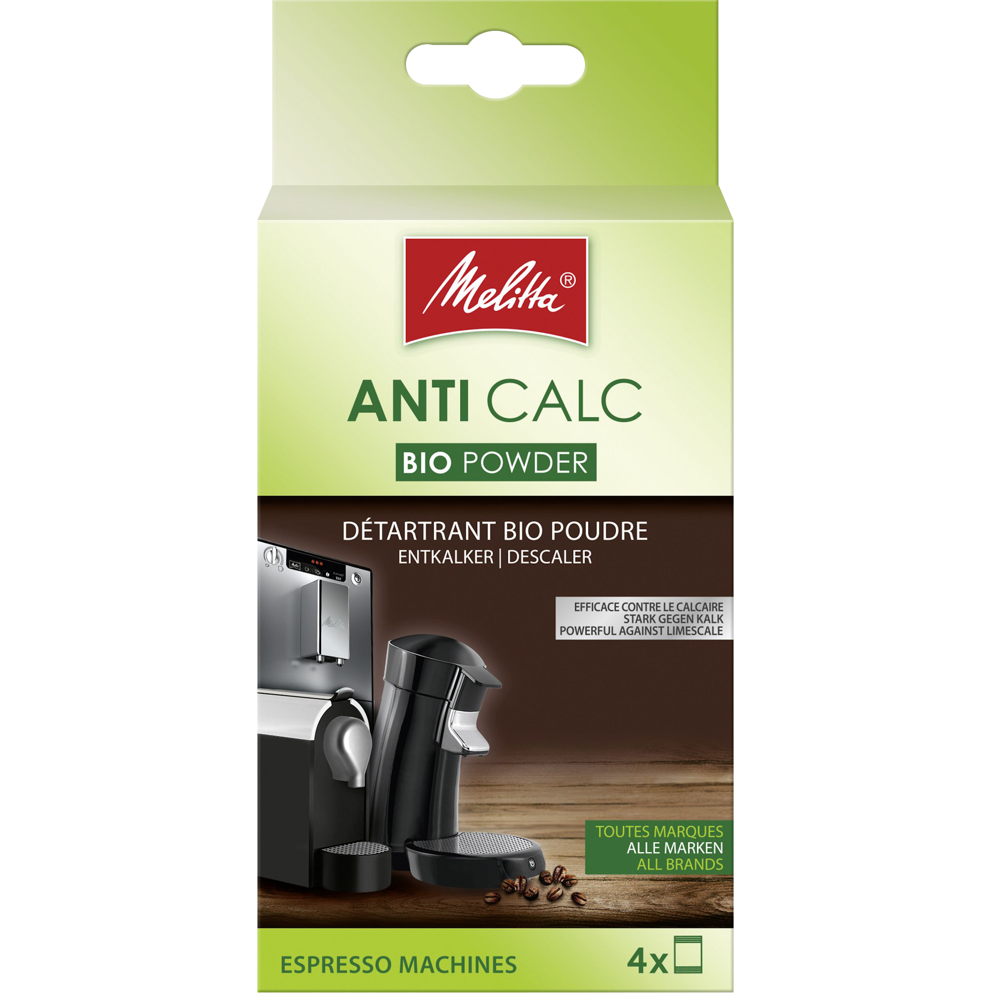 Détartrant universel Anti Calc en poudre d'origine naturelle pour machines à café à grains et à capsules, 4 sachets de 40g