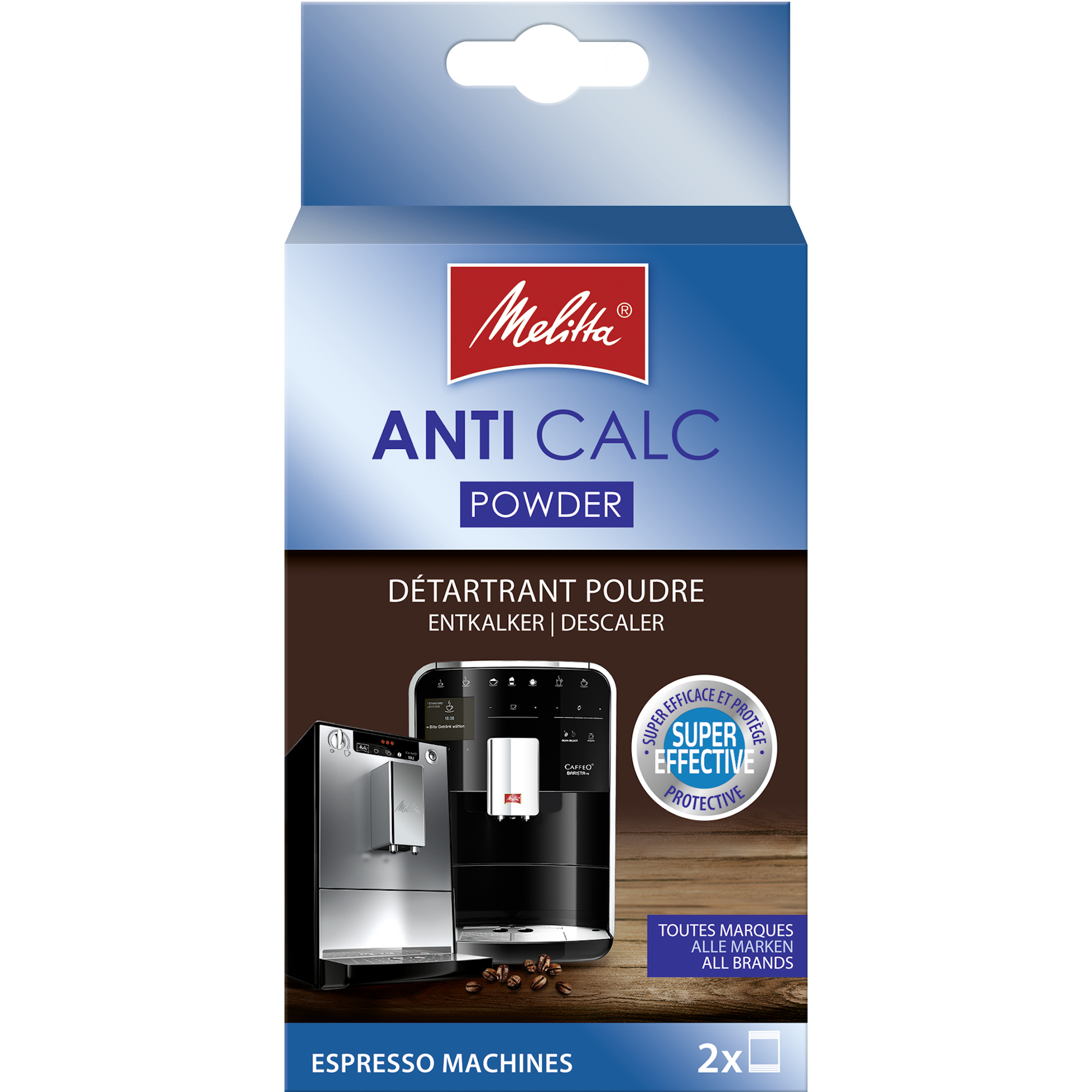 Détartrant universel Anti Calc en poudre pour machines à café à grains et à capsules, 2 sachets de 40g